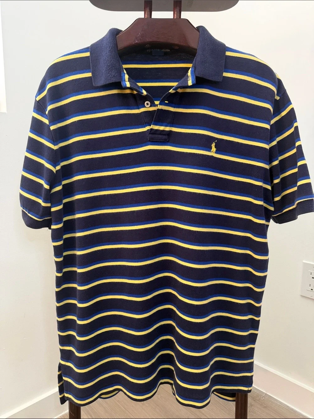 Vintage Ralph Lauren Polo Silver Label Navy and Yellow Striped Polo.  Sz L